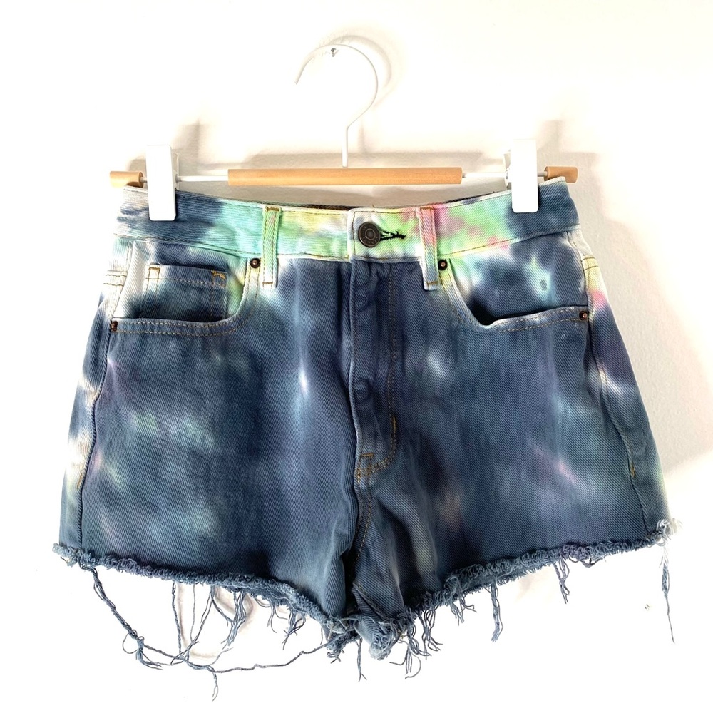 PacSun High Rise Festival Tie Dye Jean Shorts Frayed Hem 100% Cotton Denim